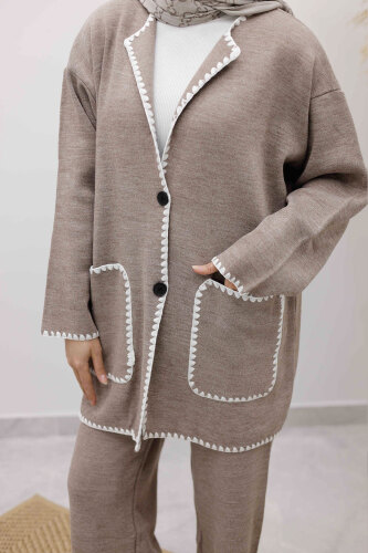 Cepli Çoban Dikişli Triko Takım TSD260100 Vizon - 5