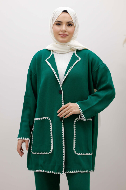 Cepli Çoban Dikişli Triko Takım TSD260100 Zümrüt Yeşil - Tesettür Dünyası (1)