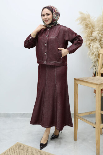 Cepli Denim Detaylı Denim Takım TSD260138 Bordo 