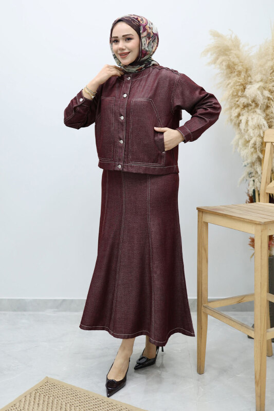 Cepli Denim Detaylı Denim Takım TSD260138 Bordo - TESETTÜR DÜNYASI