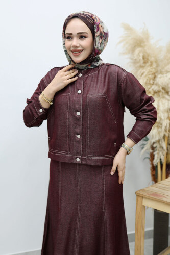 Cepli Denim Detaylı Denim Takım TSD260138 Bordo - 2