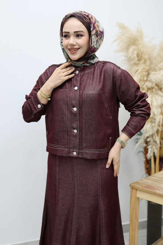 Cepli Denim Detaylı Denim Takım TSD260138 Bordo - TESETTÜR DÜNYASI (1)