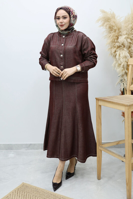 Cepli Denim Detaylı Denim Takım TSD260138 Bordo - 3