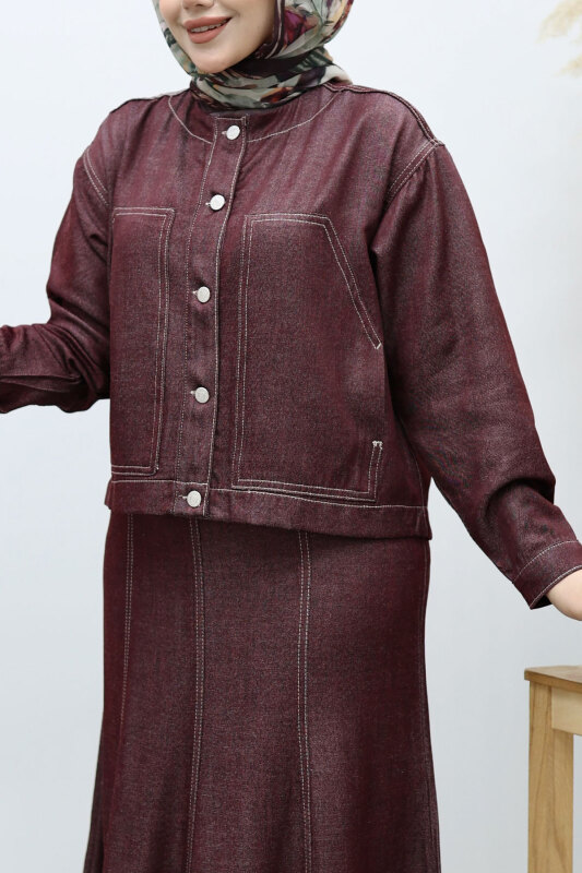 Cepli Denim Detaylı Denim Takım TSD260138 Bordo - 4