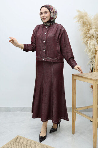 Cepli Denim Detaylı Denim Takım TSD260138 Bordo - 5
