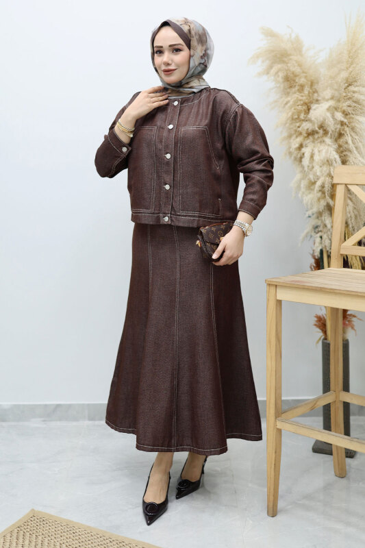 Cepli Denim Detaylı Denim Takım TSD260138 Kahverengi - TESETTÜR DÜNYASI