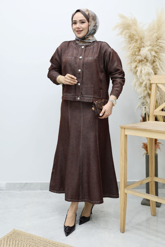 Cepli Denim Detaylı Denim Takım TSD260138 Kahverengi - 3