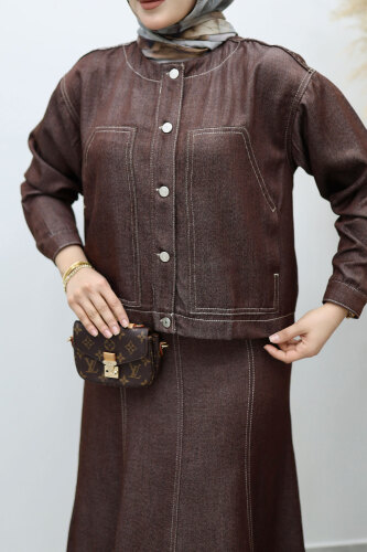 Cepli Denim Detaylı Denim Takım TSD260138 Kahverengi - 4