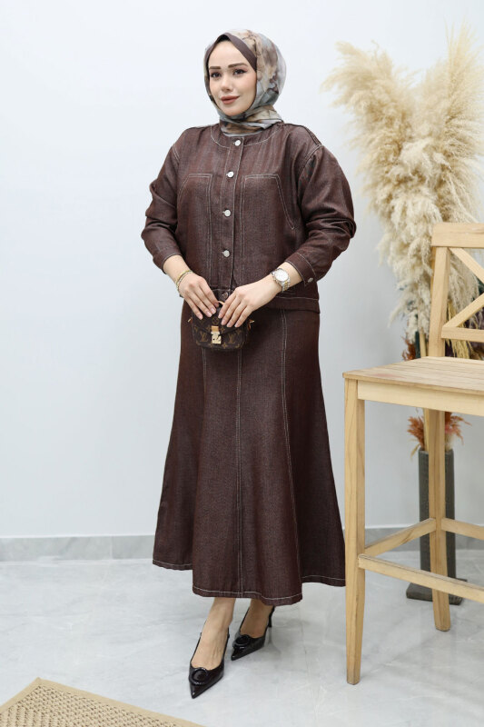 Cepli Denim Detaylı Denim Takım TSD260138 Kahverengi - 5