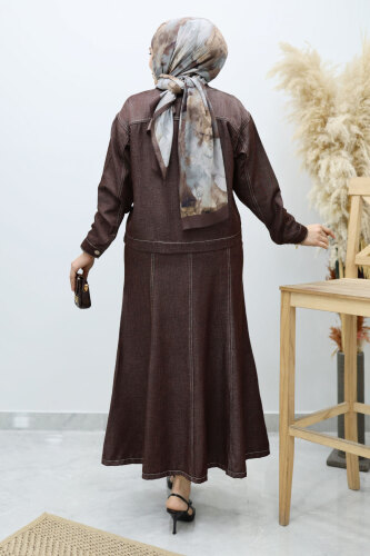 Cepli Denim Detaylı Denim Takım TSD260138 Kahverengi - 6