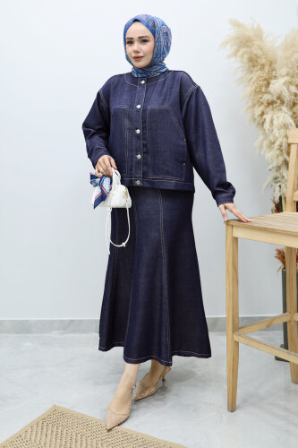 Cepli Denim Detaylı Denim Takım TSD260138 Koyu Mavi 