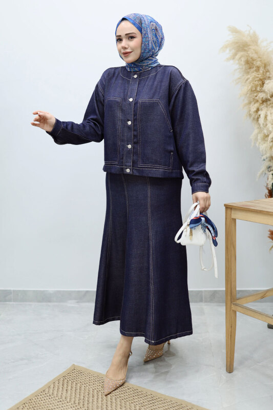 Cepli Denim Detaylı Denim Takım TSD260138 Koyu Mavi - 5