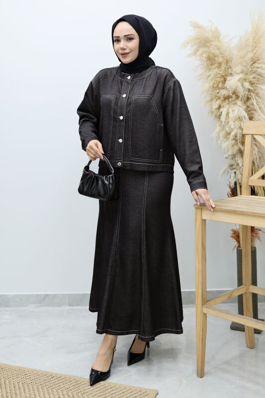 Cepli Denim Detaylı Denim Takım TSD260138 Siyah - TESETTÜR DÜNYASI