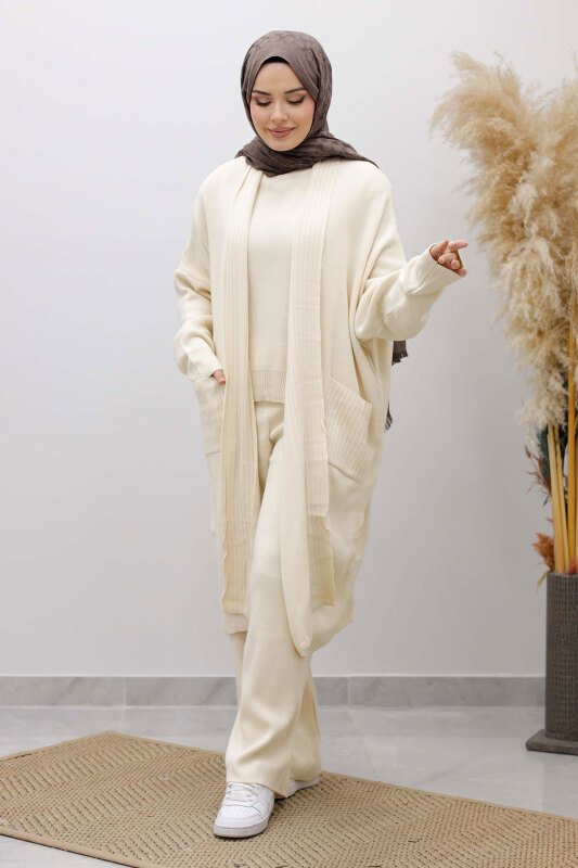 Cepli Hırkalı Üçlü Takım TSD260114 Bej - Tesettür Dünyası