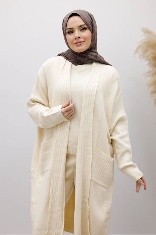 Cepli Hırkalı Üçlü Takım TSD260114 Bej - Tesettür Dünyası (1)