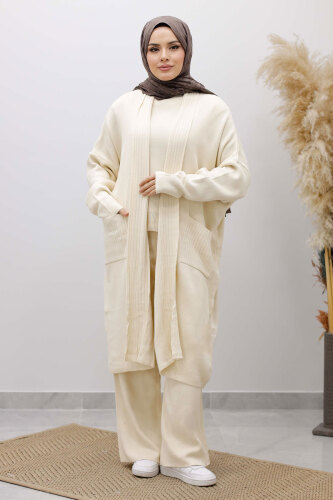 Cepli Hırkalı Üçlü Takım TSD260114 Bej - 5
