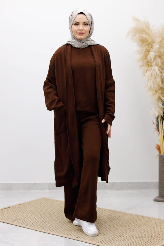 Cepli Hırkalı Üçlü Takım TSD260114 Kahverengi - Tesettür Dünyası