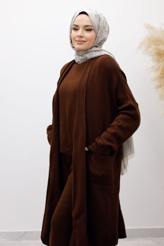 Cepli Hırkalı Üçlü Takım TSD260114 Kahverengi - Tesettür Dünyası (1)