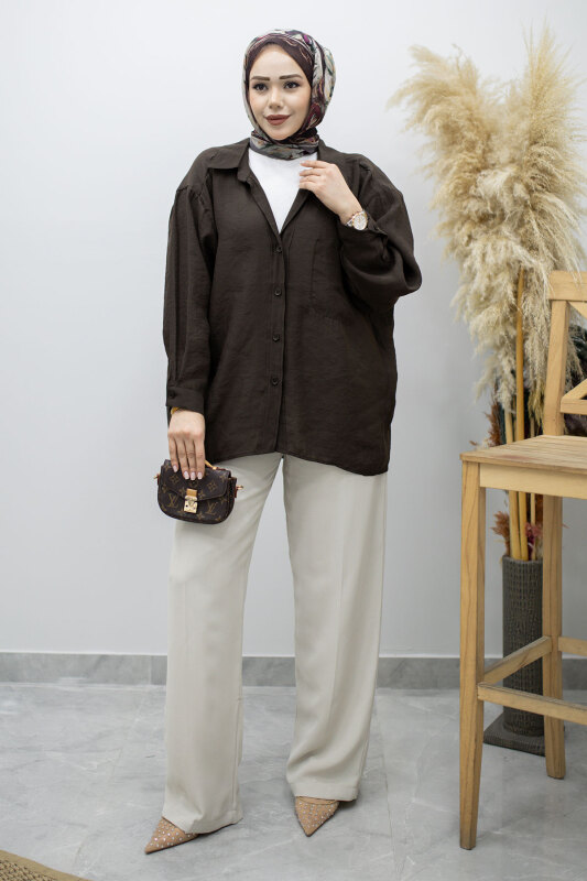 Cepli Oversize Gömlek TSD260167 Acı Kahve - Tesettür Dünyası