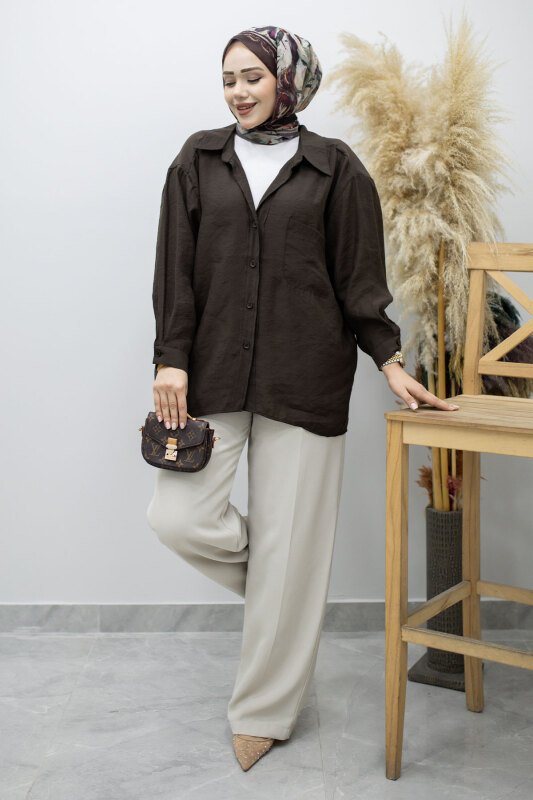 Cepli Oversize Gömlek TSD260167 Acı Kahve - 5