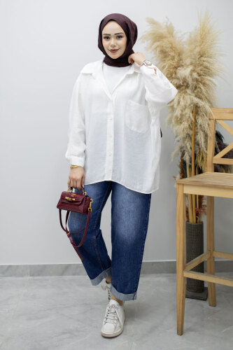 Cepli Oversize Gömlek TSD260167 Beyaz - 1