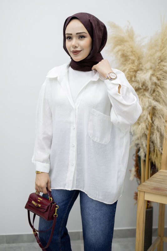Cepli Oversize Gömlek TSD260167 Beyaz - Tesettür Dünyası (1)