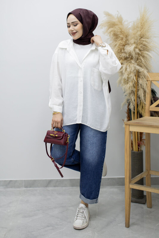 Cepli Oversize Gömlek TSD260167 Beyaz - 3