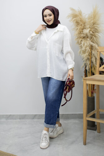 Cepli Oversize Gömlek TSD260167 Beyaz - 5