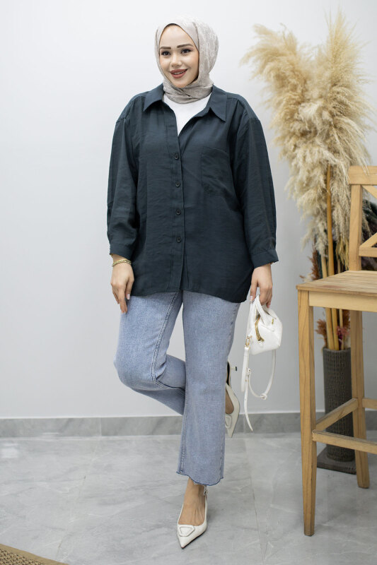 Cepli Oversize Gömlek TSD260167 Füme - Tesettür Dünyası
