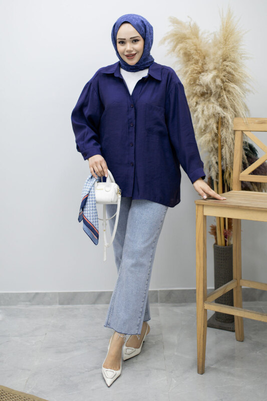 Cepli Oversize Gömlek TSD260167 İndigo - 5