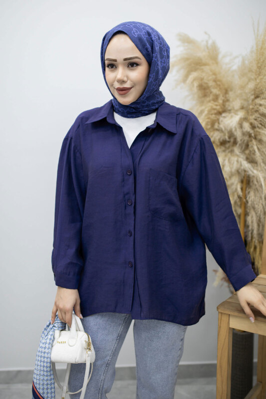 Cepli Oversize Gömlek TSD260167 İndigo - Tesettür Dünyası (1)