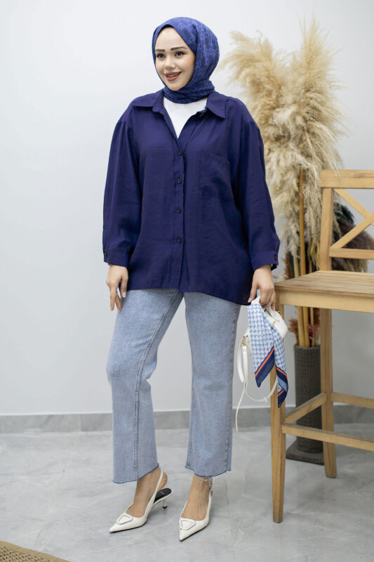 Cepli Oversize Gömlek TSD260167 İndigo - Tesettür Dünyası