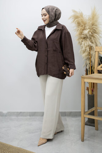 Cepli Oversize Gömlek TSD260167 Kahverengi 