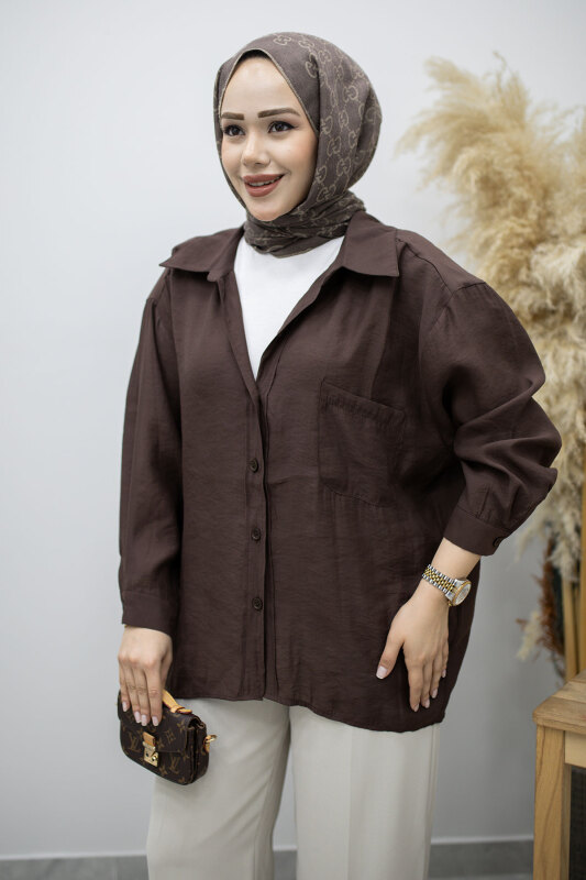 Cepli Oversize Gömlek TSD260167 Kahverengi - Tesettür Dünyası (1)