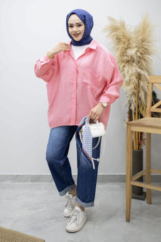 Cepli Oversize Gömlek TSD260167 Pembe - Tesettür Dünyası