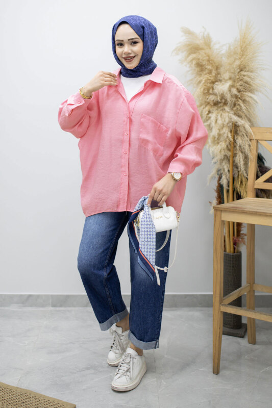 Cepli Oversize Gömlek TSD260167 Pembe - Tesettür Dünyası