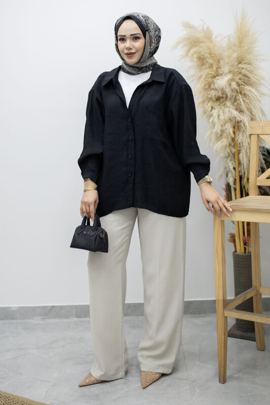 Cepli Oversize Gömlek TSD260167 Siyah - Tesettür Dünyası