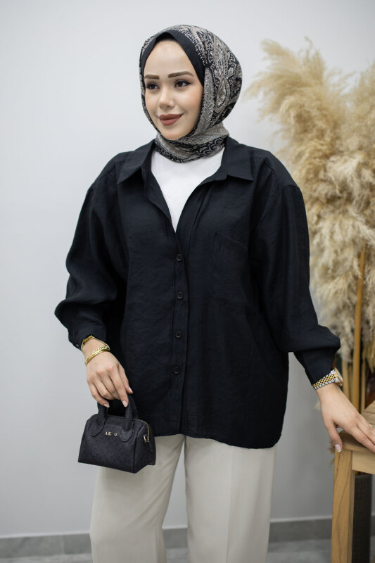 Cepli Oversize Gömlek TSD260167 Siyah - Tesettür Dünyası (1)