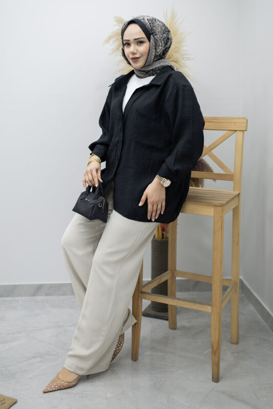 Cepli Oversize Gömlek TSD260167 Siyah - 5