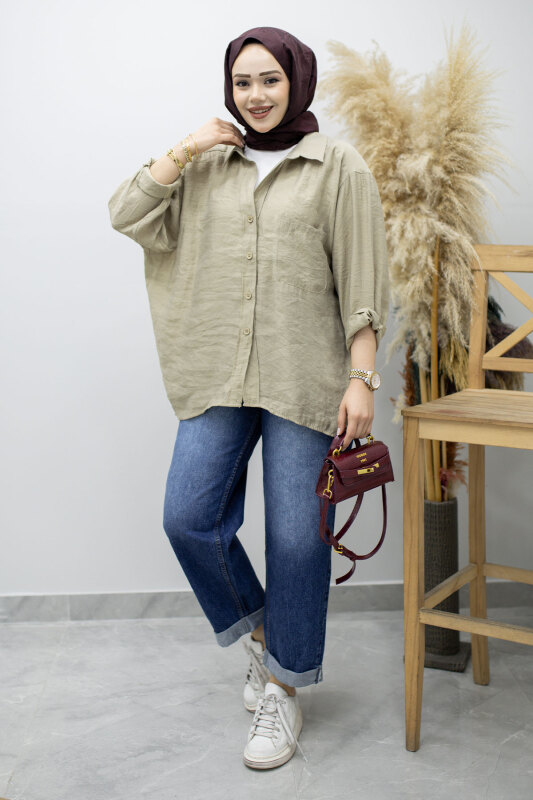 Cepli Oversize Gömlek TSD260167 Yeşil - Tesettür Dünyası