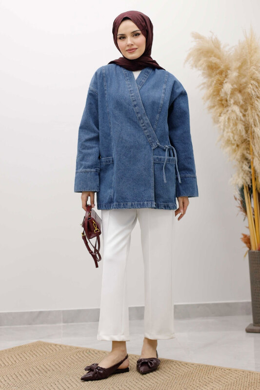 Cepli Yandan Bağlamalı Kot Ceket TSD260119 Mavi - Tesettür Dünyası