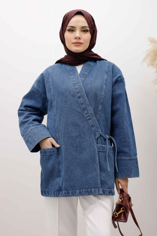 Cepli Yandan Bağlamalı Kot Ceket TSD260119 Mavi - Tesettür Dünyası (1)
