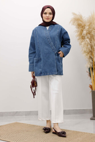 Cepli Yandan Bağlamalı Kot Ceket TSD260119 Mavi - 3