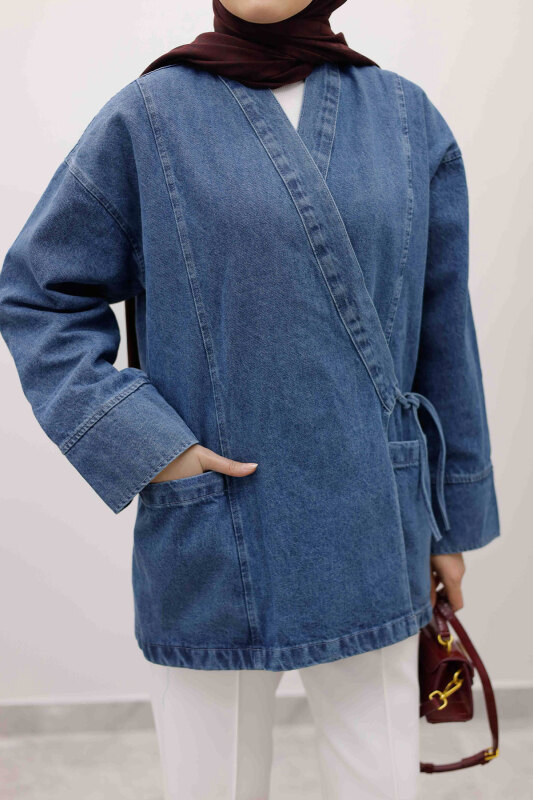 Cepli Yandan Bağlamalı Kot Ceket TSD260119 Mavi - 4