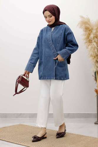 Cepli Yandan Bağlamalı Kot Ceket TSD260119 Mavi - 5