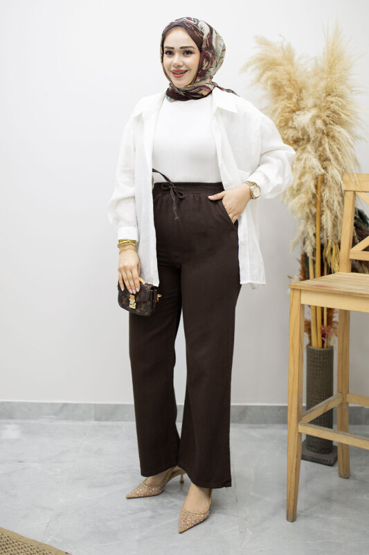 Cepli Yüksek Bel Pantolon TSD260157 Kahverengi - Tesettür Dünyası (1)