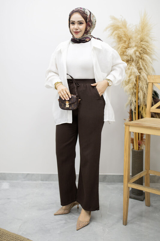 Cepli Yüksek Bel Pantolon TSD260157 Kahverengi - 5