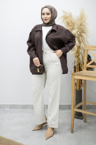 Cepli Yüksek Bel Pantolon TSD260157 Taş Rengi - 5