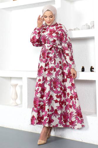 Çiçek Desenli Beli Lastikli Elbise TSD230223 Pembe - 4