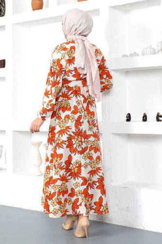 Çiçek Desenli Beli Lastikli Elbise TSD230223 Turuncu - 5